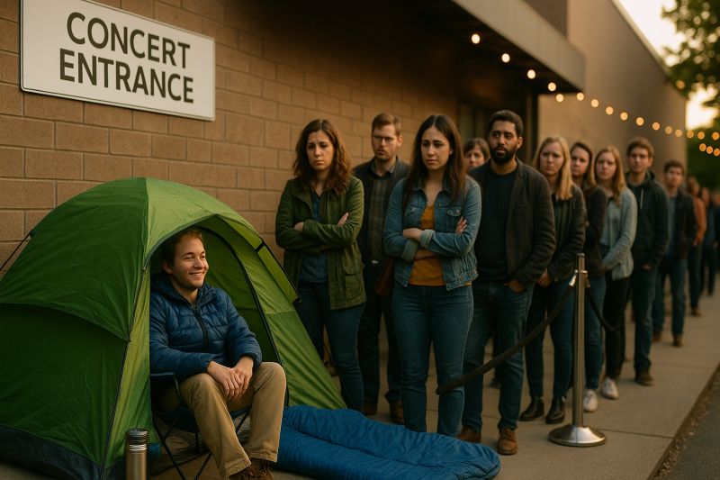 Founder camped at the front of a long line — metaphor for filing first