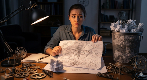 Inventor weighing whether to patent an idea while reviewing sketches