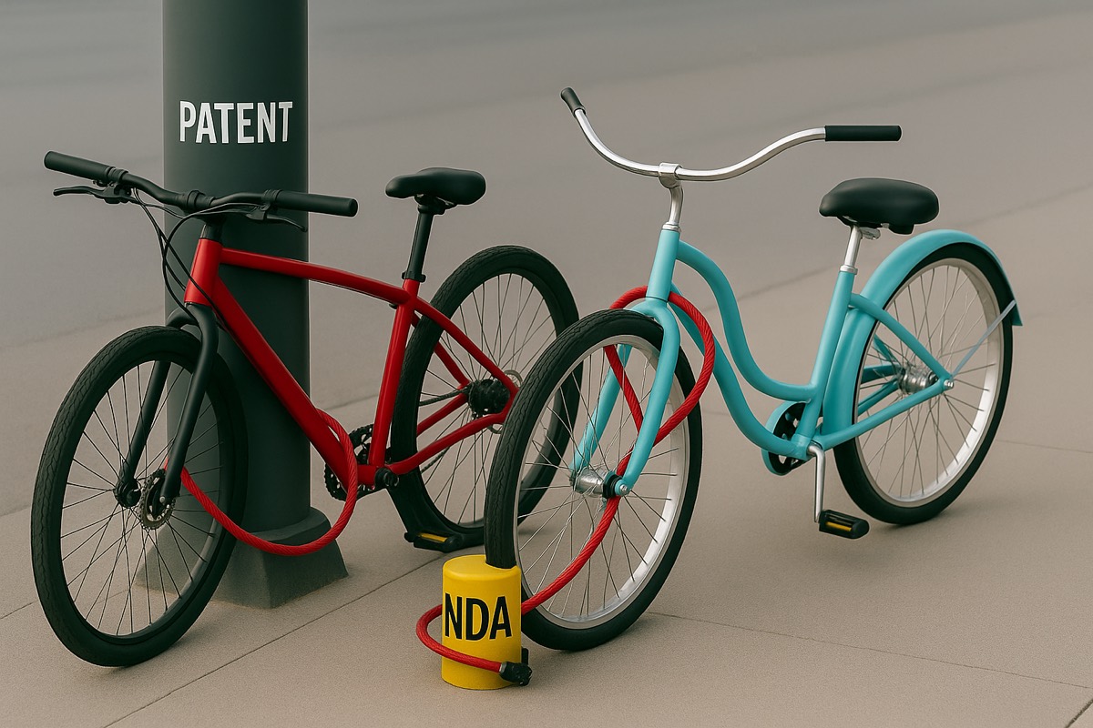 Two bikes locked: one with NDA, one with Patent