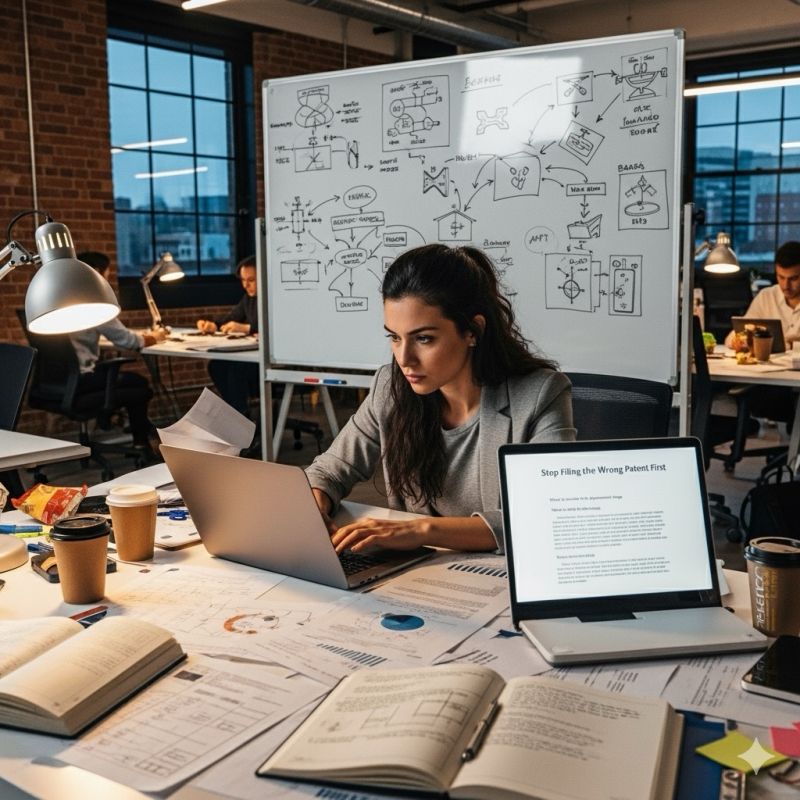 Founder writing a provisional patent with sketches and flowcharts around