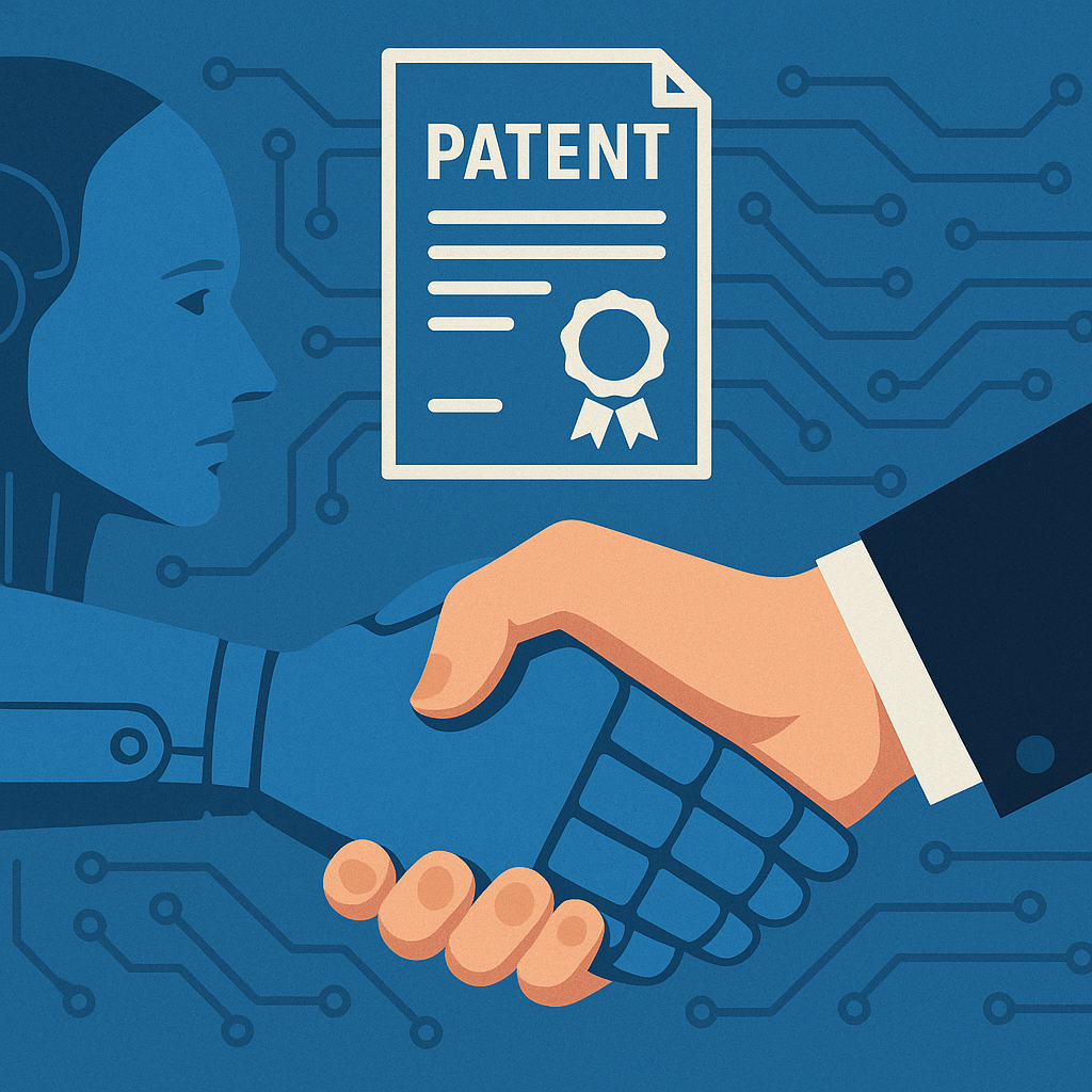 Robot shaking hands with human under patent icon